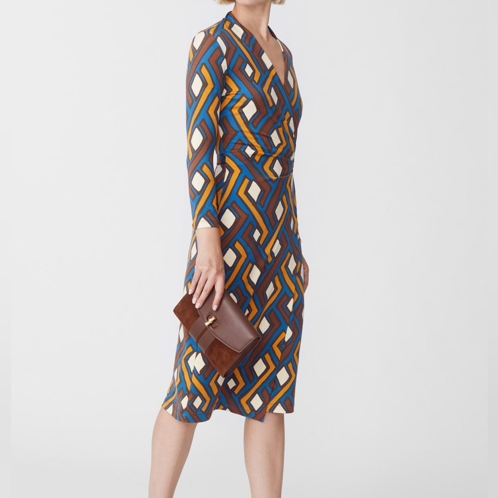 J.Mclaughlin Dree Jersey Wrap Dress size large brown blue geometric